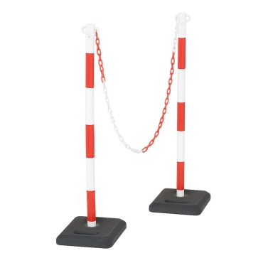 Vue générale du kit de 2 poteaux PVC, base lestée + 1 chaîne de 25 mètres - Rouge et blanc