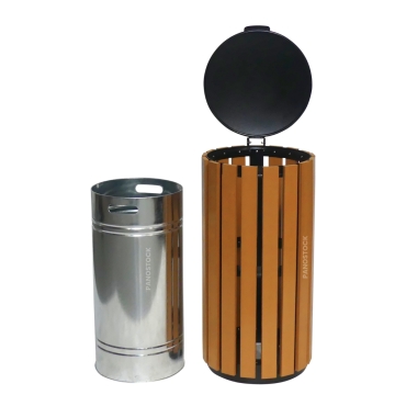 Vue avec le bac de la poubelle urbaine aspect bois 60 Litres ELSA